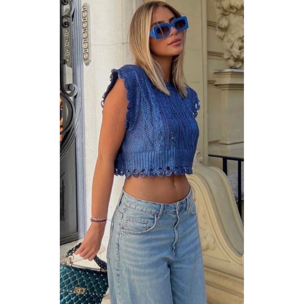 ZARA‎ Metallic Blue Cropped Sweater Cableknit Distressed Cable Knit Crop Small